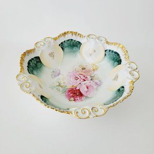 Antique RS Prussia Porcelain Floral Bowl, Teal with Pink Peonies, Gold Grapes